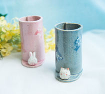 Spot Japan Beauty Thick Burning Pure Hand Clay Hand Painted Cute Kitty Rabbit Chopstick Cylinder Pen Holder