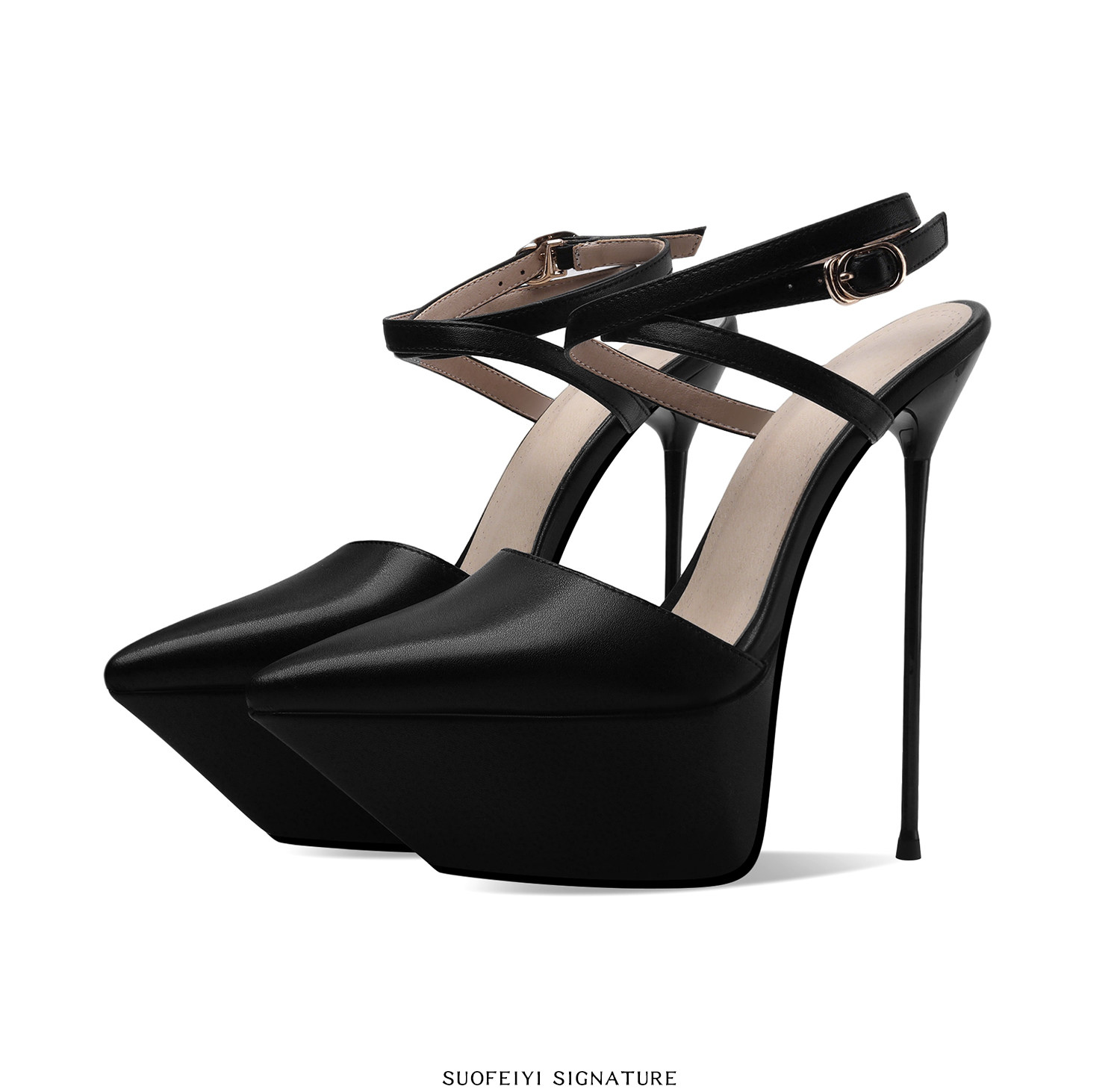 Sandal cao gót nữ mũi nhọn gót siêu cao 12 cm đế platform chống nước — Đen, Trắng chi tiết 5