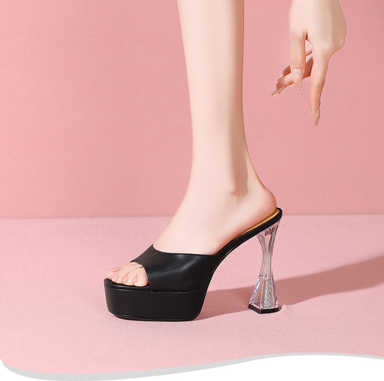 Sandal cao gót nữ hở mũi đế dày platform, gót 9 cm — Đen, Trắng chi tiết 1