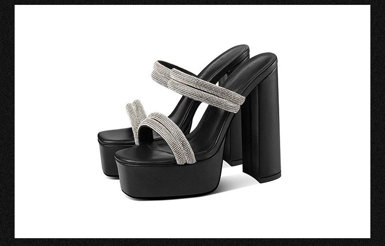 Sandal cao gót nữ đính đá mũi vuông hở mũi gót vuông dày — Đen, Be chi tiết 14