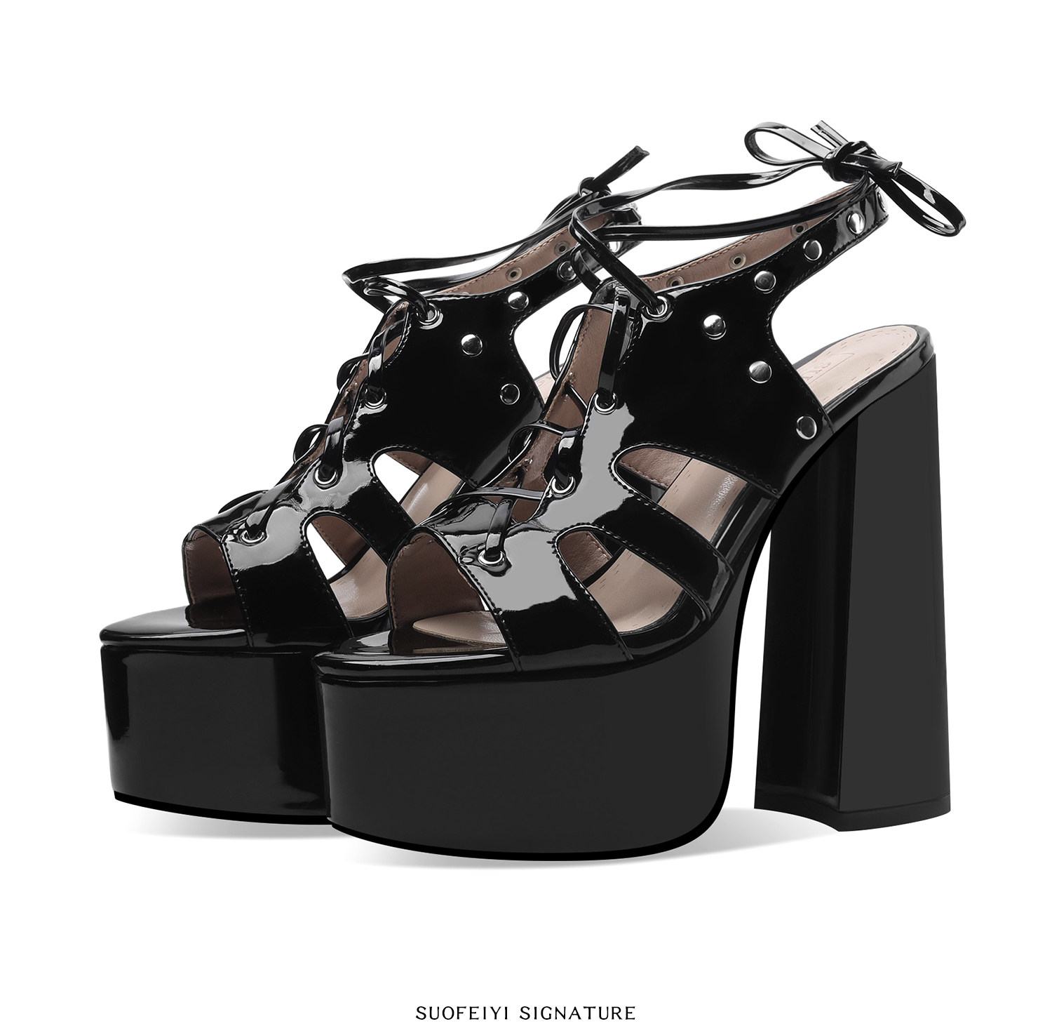 Sandal cao gót nữ mũi hở quai chéo da bóng đế dày gót vuông — Đen, Trắng chi tiết 5