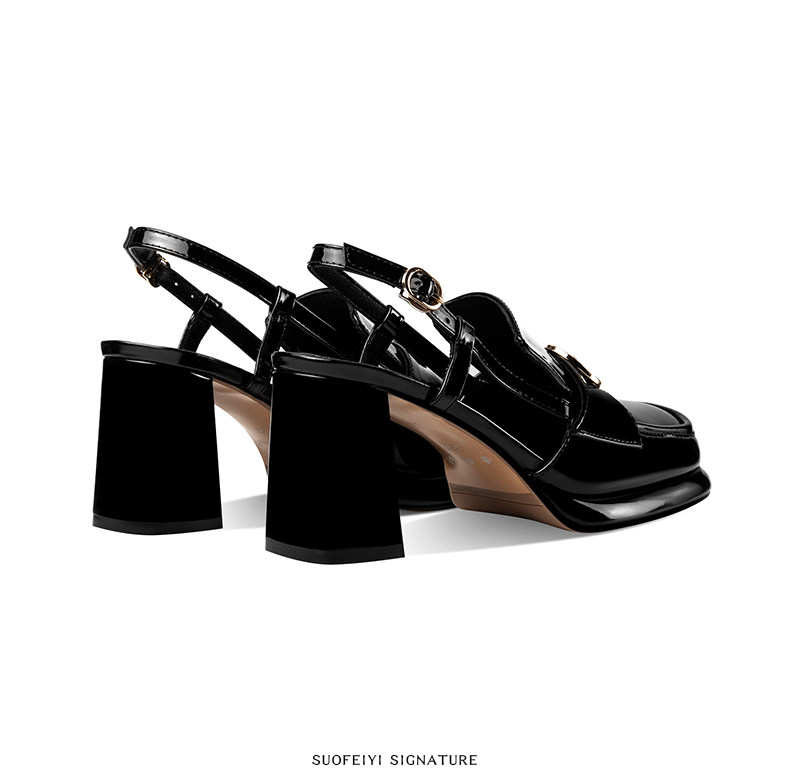 Sandal cao gót nữ hở mũi mũi vuông da bóng gót dày 5-8 cm — Màu Caramel, Màu Đen chi tiết 4