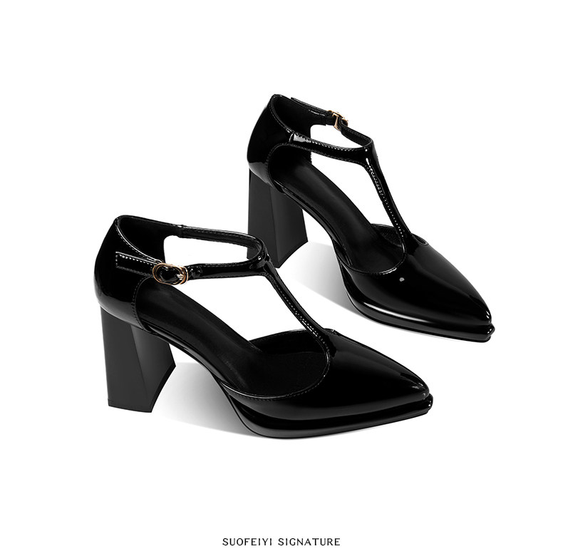 Sandal cao gót nữ quai chữ T mũi nhọn gót vuông platform — Đen, Đỏ rượu chi tiết 3