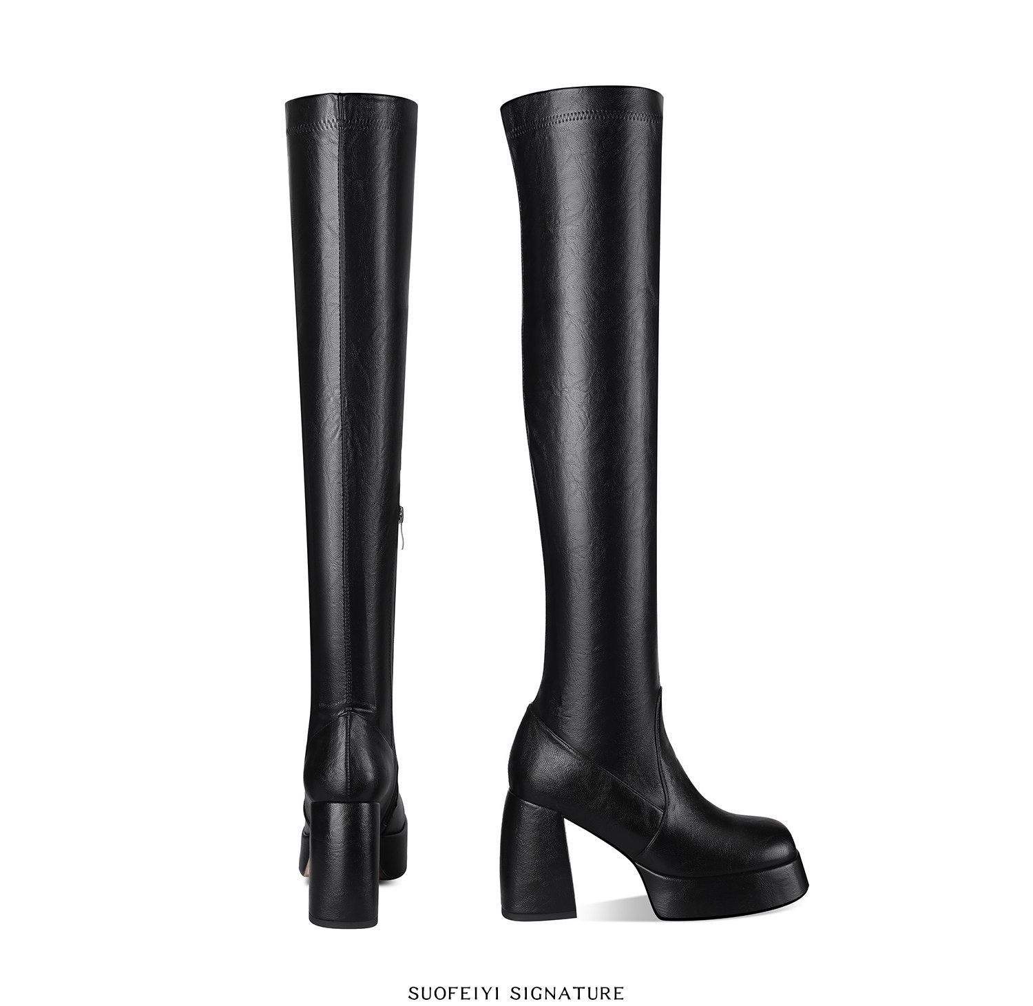 Boot nữ cổ cao ôm bắp chân gót cao dày đế tăng chiều cao — Đen, Nâu chi tiết 5