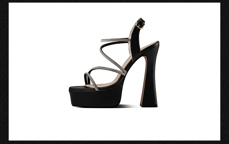 Sandal cao gót nữ quai mảnh đính đá mũi vuông hở mũi gót chunky đế platform chống nước — Đen, Be chi tiết 12