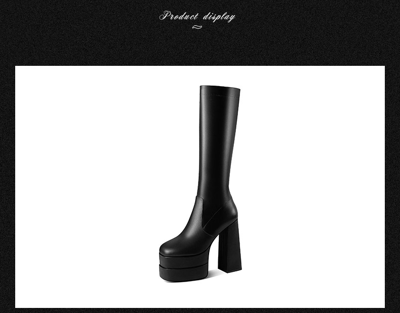 Boot nữ cổ cao gót siêu cao đế dày chunky, dây xích trang trí, phong cách châu Âu — Đen, Trắng chi tiết 10