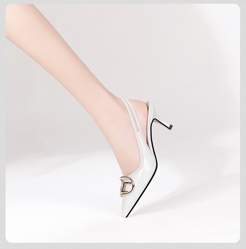 Sandal cao gót mũi nhọn cổ điển phong cách Pháp Sophie, gót nhọn 5-8 cm — Trắng Ngà, Đen chi tiết 20