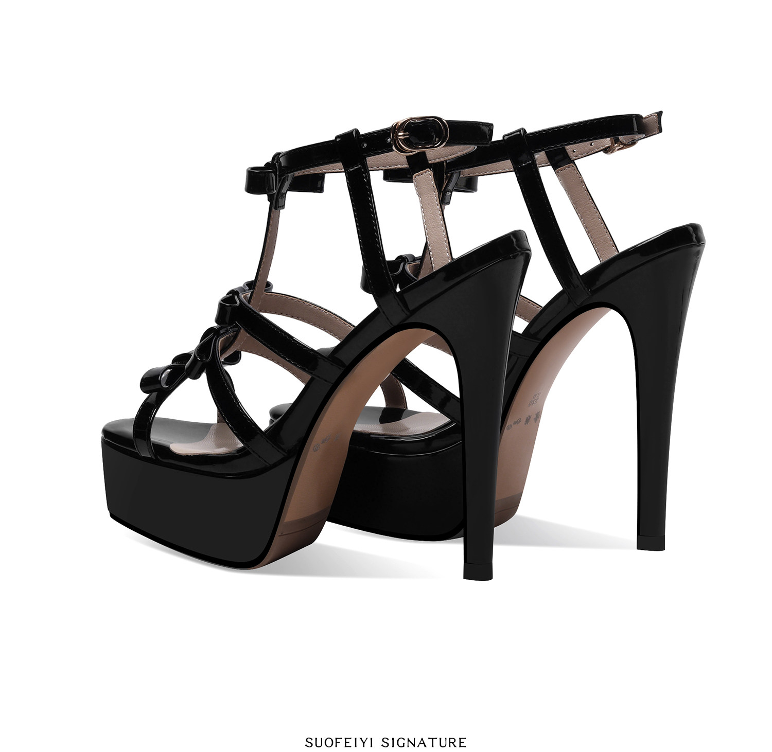 Sandal cao gót nữ quai mảnh phong cách La Mã cổ điển, mũi hở, đế dày chống nước, gót nhọn 9 cm — Đen, Mơ chi tiết 3