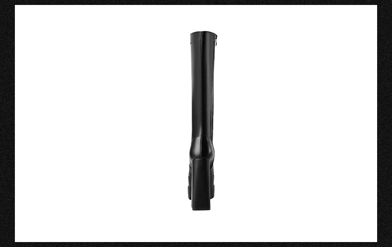 Boot nữ cổ cao gót siêu cao đế dày chunky, dây xích trang trí, phong cách châu Âu — Đen, Trắng chi tiết 12