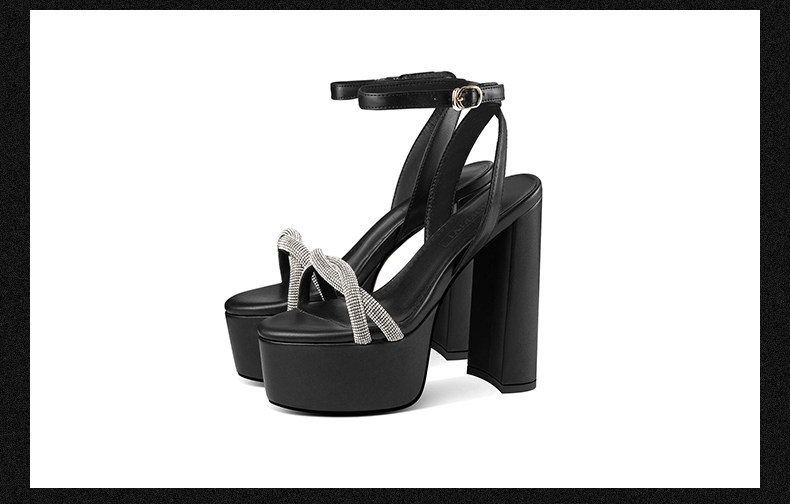 Sandal cao gót nữ da bò thật quai mắt cáo gót vuông hở mũi đính đá trắng — Đen, Be chi tiết 14