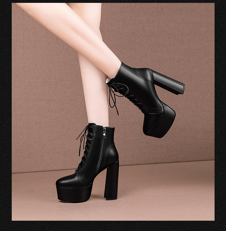 Boot cổ thấp nữ gót cao dày 9 cm, mũi tròn, khóa kéo bên, da PU chống nước — Đen, Be, Be Cao gót nhọn, Đen Cao gót nhọn chi tiết 4