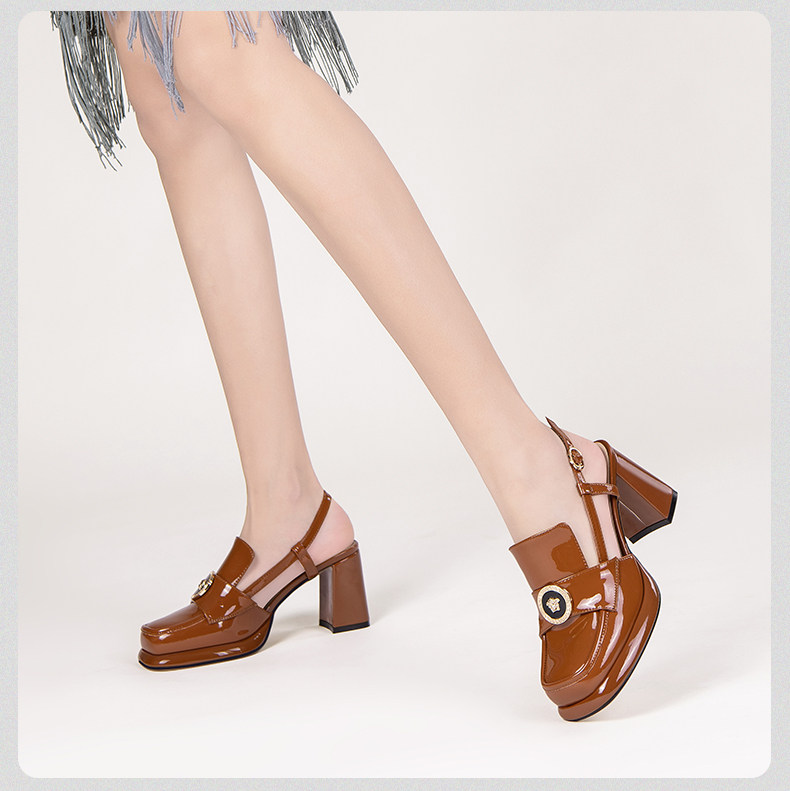 Sandal cao gót nữ hở mũi mũi vuông da bóng gót dày 5-8 cm — Màu Caramel, Màu Đen chi tiết 14