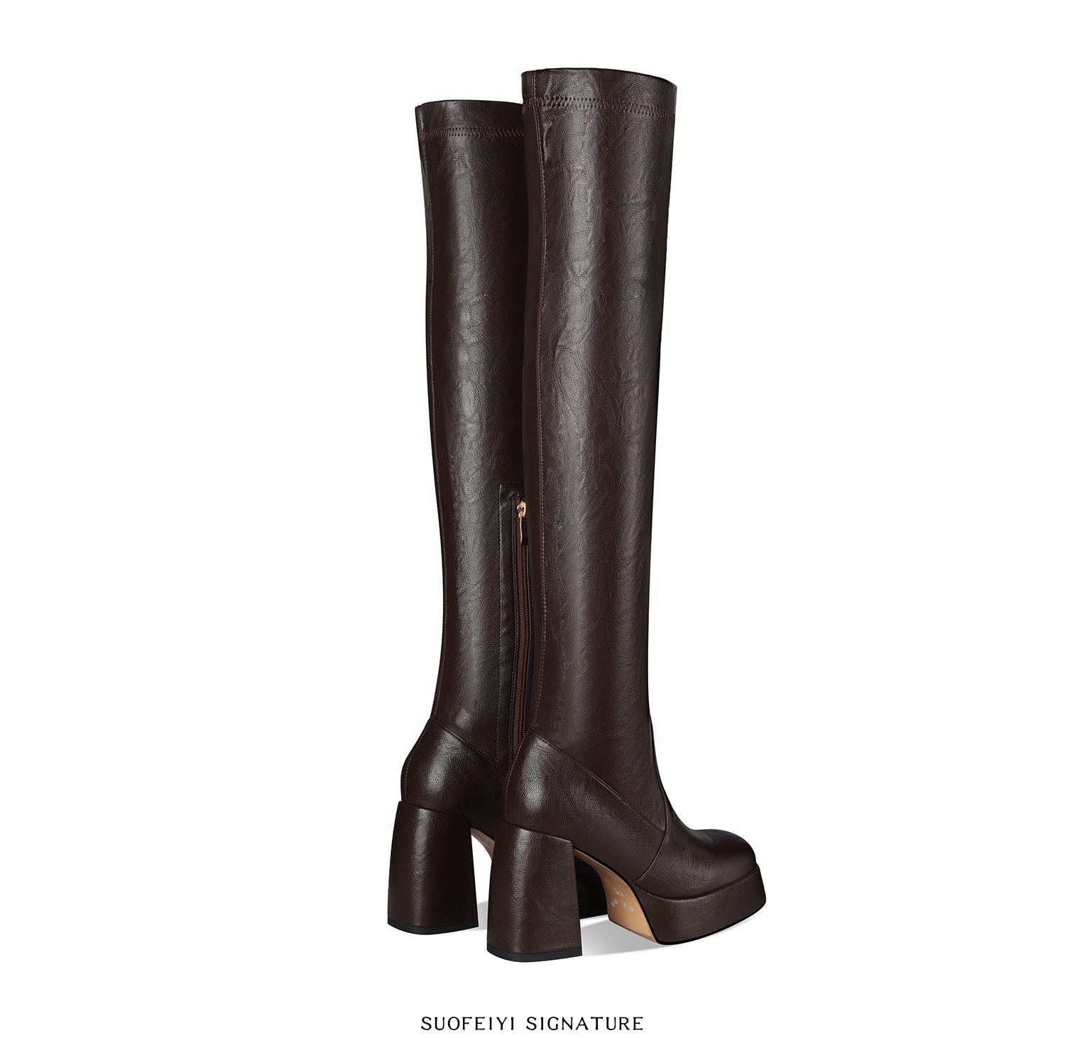 Boot nữ cổ cao ôm bắp chân gót cao dày đế tăng chiều cao — Đen, Nâu chi tiết 7