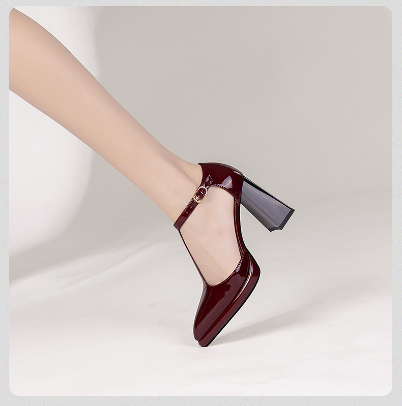 Sandal cao gót nữ quai chữ T mũi nhọn gót vuông platform — Đen, Đỏ rượu chi tiết 20