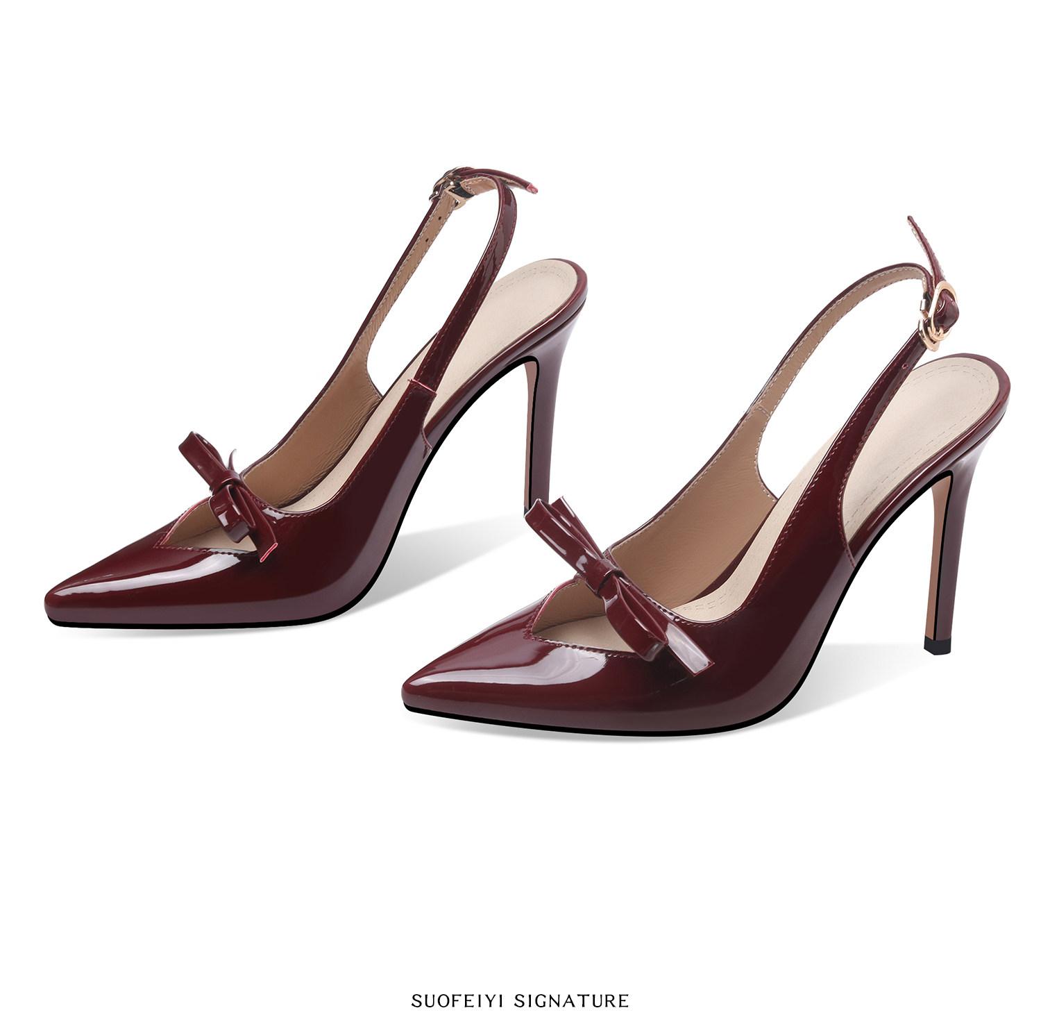 Sandal cao gót nữ hở mũi mũi nhọn chất liệu da bóng, quai mắt cá, nơ trang trí — Đen, Đỏ rượu chi tiết 7