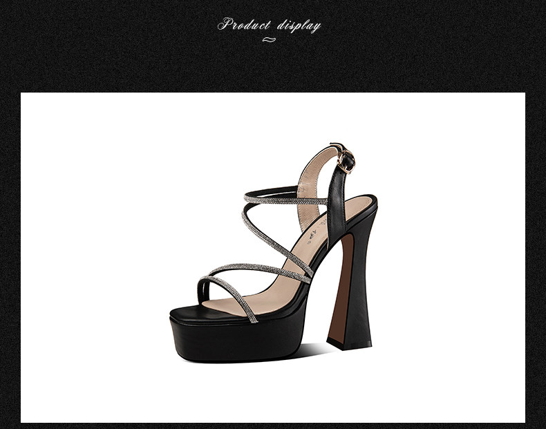 Sandal cao gót nữ quai mảnh đính đá mũi vuông hở mũi gót chunky đế platform chống nước — Đen, Be chi tiết 10