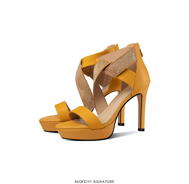 Sandal cao gót nữ hở mũi gót nhọn 9 cm quai mảnh đính đá — Vàng, Xanh da trời chi tiết 5