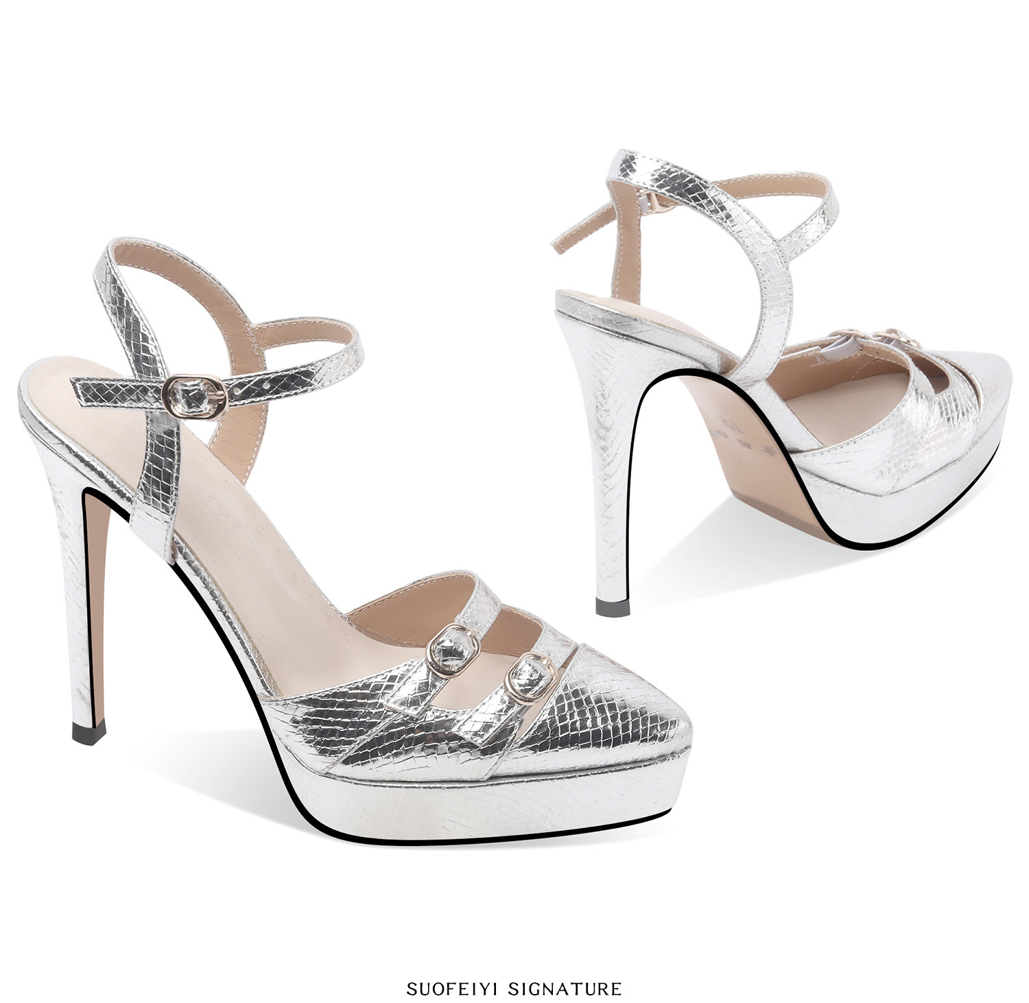 Giày sandal cao gót nữ mũi nhọn gót nhọn khoét rỗng quai mắt cá — Đen, Bạc, Vàng chi tiết 7