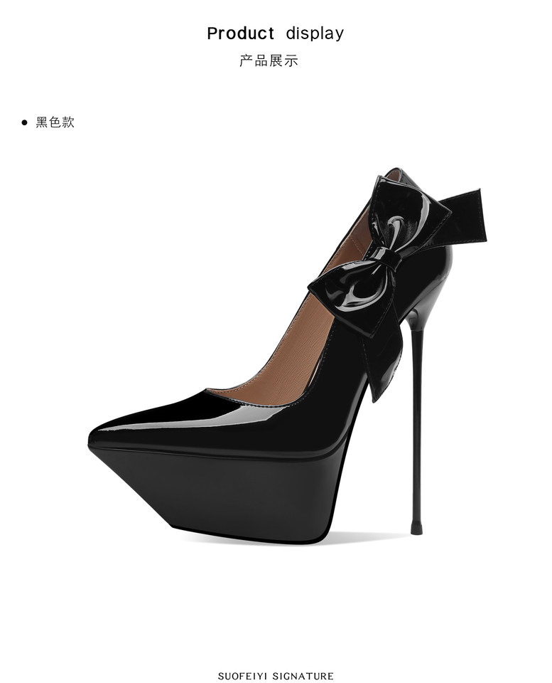 Giày cao gót nữ mũi nhọn gót siêu mảnh 16 cm, thiết kế nơ độc đáo — Đen, Đỏ rượu chi tiết 4