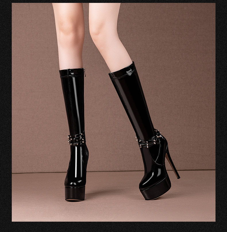 Boot nữ cổ cao ôm bắp chân da bóng gót siêu cao 13–15 cm — Đen Cao Gót 15cm, Đen Cao Gót 13cm chi tiết 4