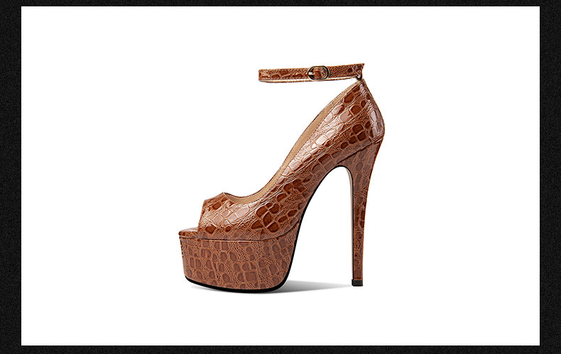 Sandal cao gót nữ một quai khóa bản to, mũi hở, gót siêu cao 13-15 cm, họa tiết da rắn — Brown (15cm Heel Height), Black (15cm Heel Height), Brown (13cm Heel Height), Black (13cm Heel Height) chi tiết 13