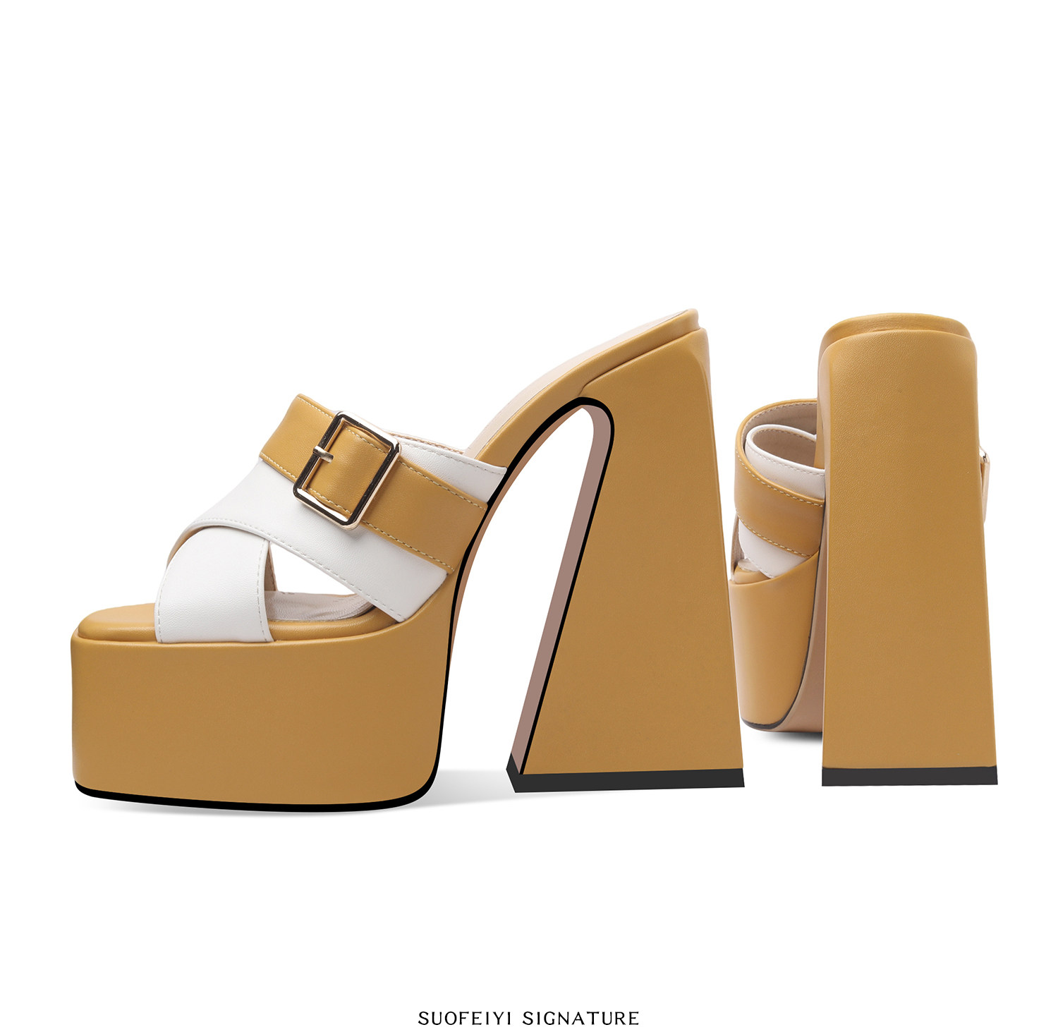 Sandal cao gót nữ hở mũi quai ngang đế dày gót vuông — Đen, Xanh dương, Vàng+Trắng, Hồng+Trắng chi tiết 9