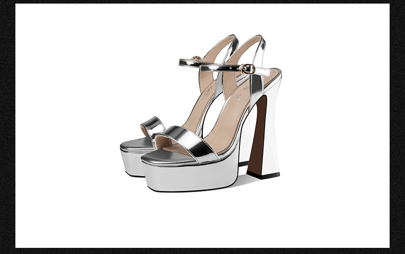 Sandal cao gót nữ mũi hở gót vuông chunky đế chống nước — Đen, Vàng, Bạc chi tiết 13