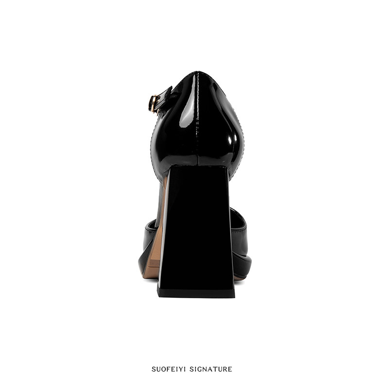 Sandal cao gót nữ quai chữ T mũi nhọn gót vuông platform — Đen, Đỏ rượu chi tiết 4