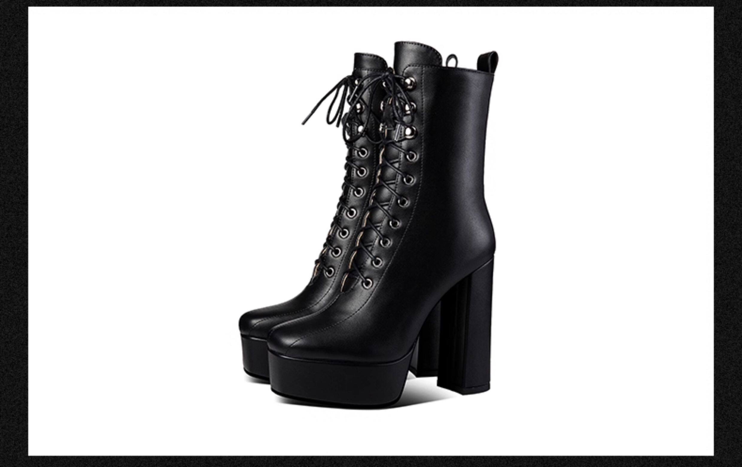 Boot nữ cổ thấp mũi vuông phong cách retro, gót dày platform chống nước, dây buộc khóa kéo — Đen (Gót dày) 35661, Nâu (Gót dày) 35661, Đen (Gót mảnh 35761), Nâu (Gót mảnh 35761) chi tiết 14