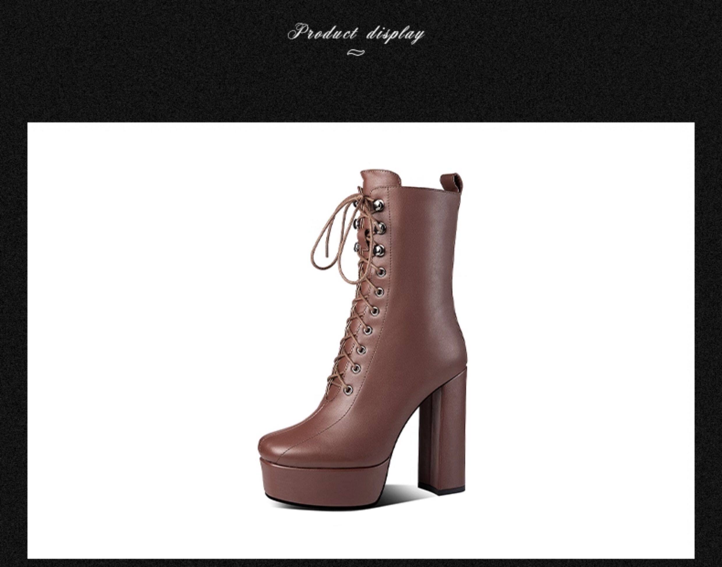 Boot nữ cổ thấp mũi vuông phong cách retro, gót dày platform chống nước, dây buộc khóa kéo — Đen (Gót dày) 35661, Nâu (Gót dày) 35661, Đen (Gót mảnh 35761), Nâu (Gót mảnh 35761) chi tiết 11