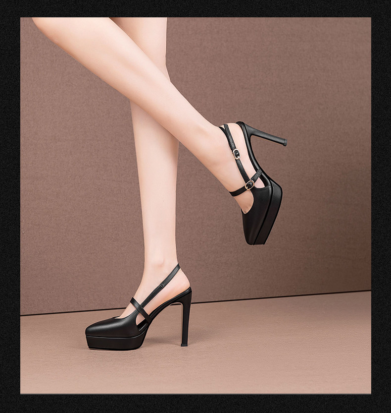 Sandal cao gót nữ mũi nhọn quai khóa một dây, gót siêu cao 8 cm, đế platform chống nước — Đen chi tiết 5