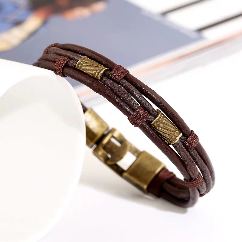 Multi-Layer Antique Rope Bracelet Men's And Women's Leather Metal Brown Jewelry Gift display picture 1