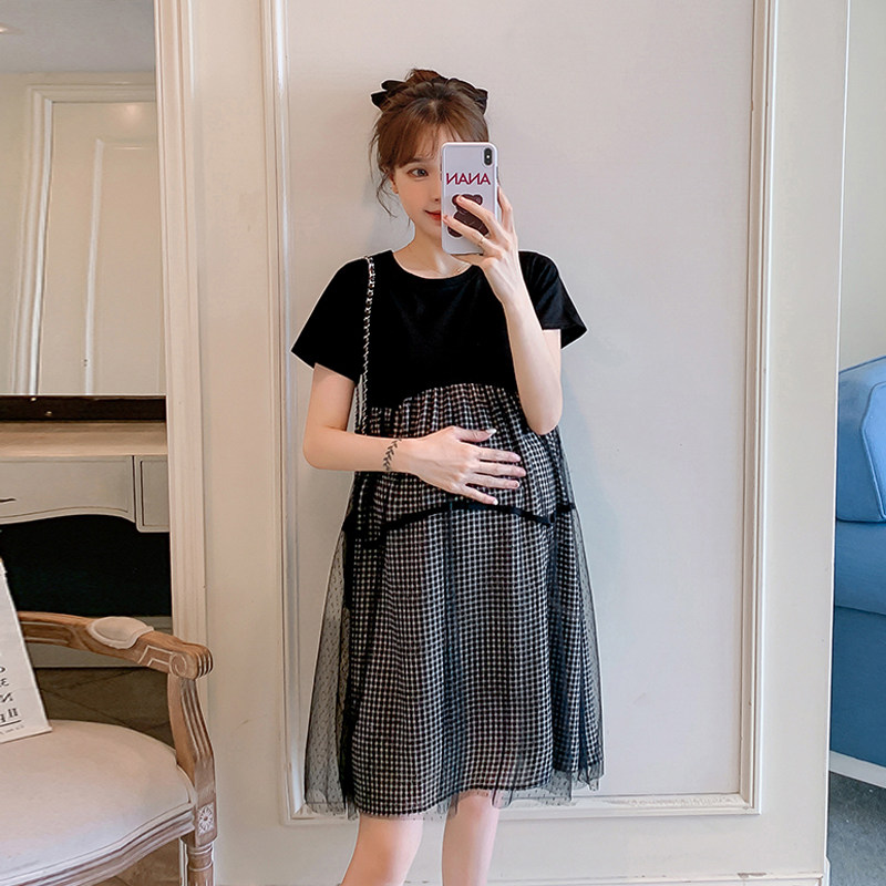 Maternity summer short-sleeved dress Korean version of the large size mesh patch top net red does not show the pregnant woman skirt