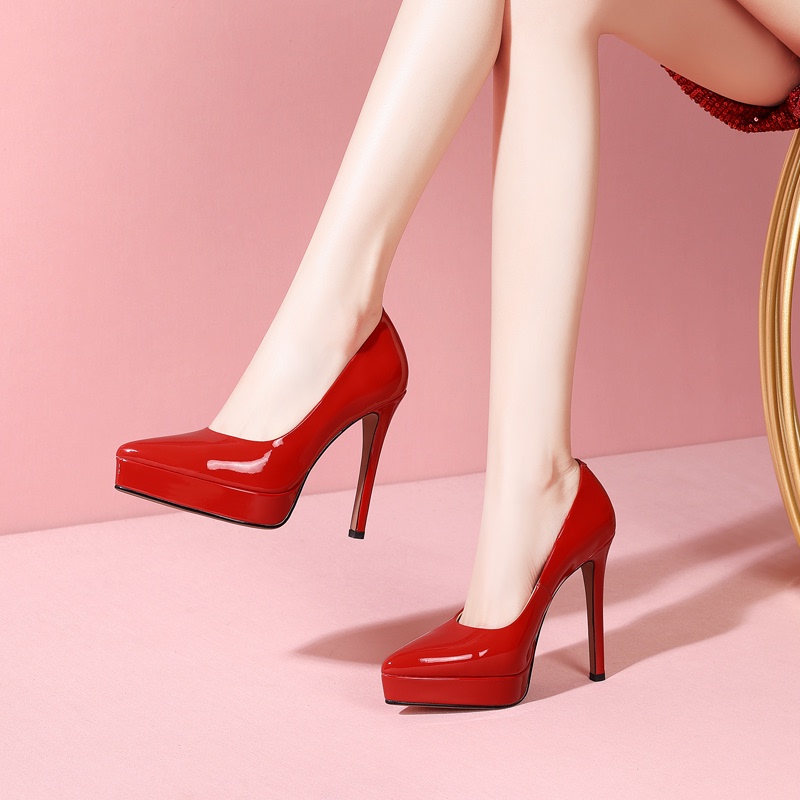 Red Wedding Shoes, Sexy Catwalk High Heels, Women's Waterproof Platform Shoes, Black Genuine Leather Pointed Toe Stiletto Heels, Work Shoes