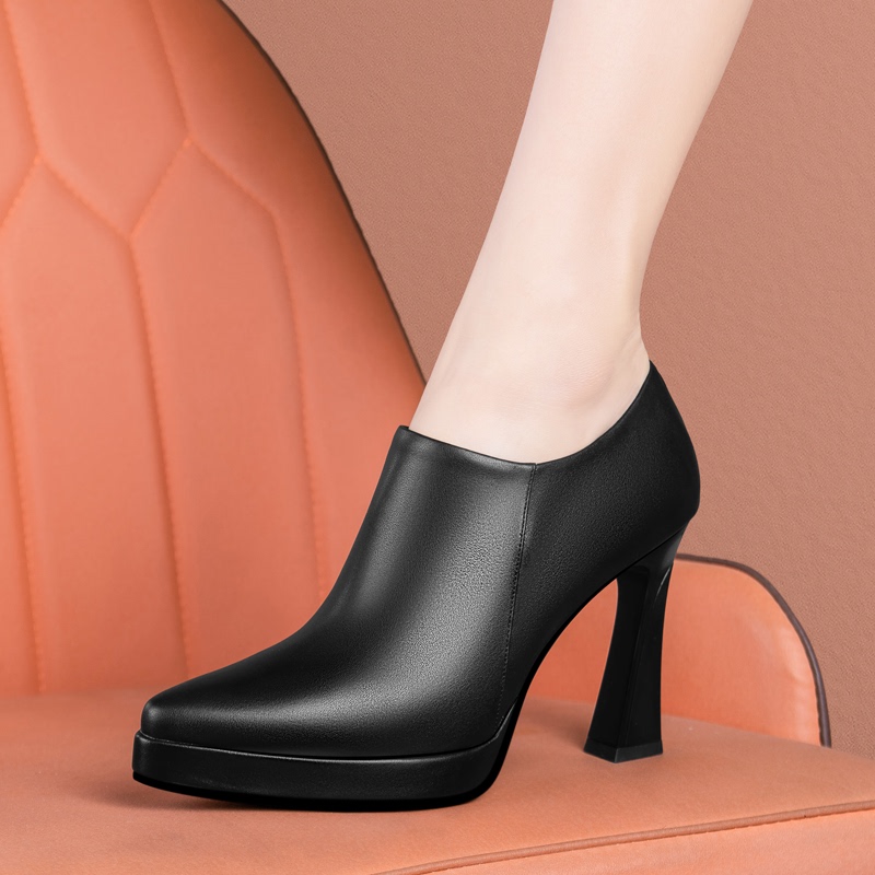 Genuine Leather Deep-Cut Single Shoes for Women, Elegant Pointed Toe, Chunky Heel, Platform High Heels, Professional Work Shoes, New Spring and Autumn Ankle Boots