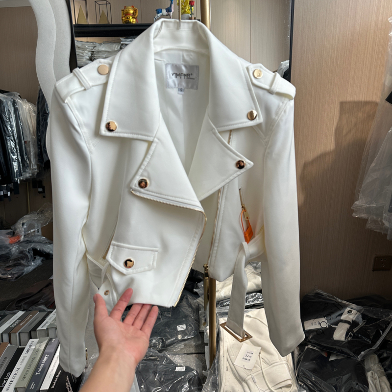 2026 Spring and Autumn Korean Style Versatile White Short Slim Fit Long Sleeve Casual Biker Jacket for Women