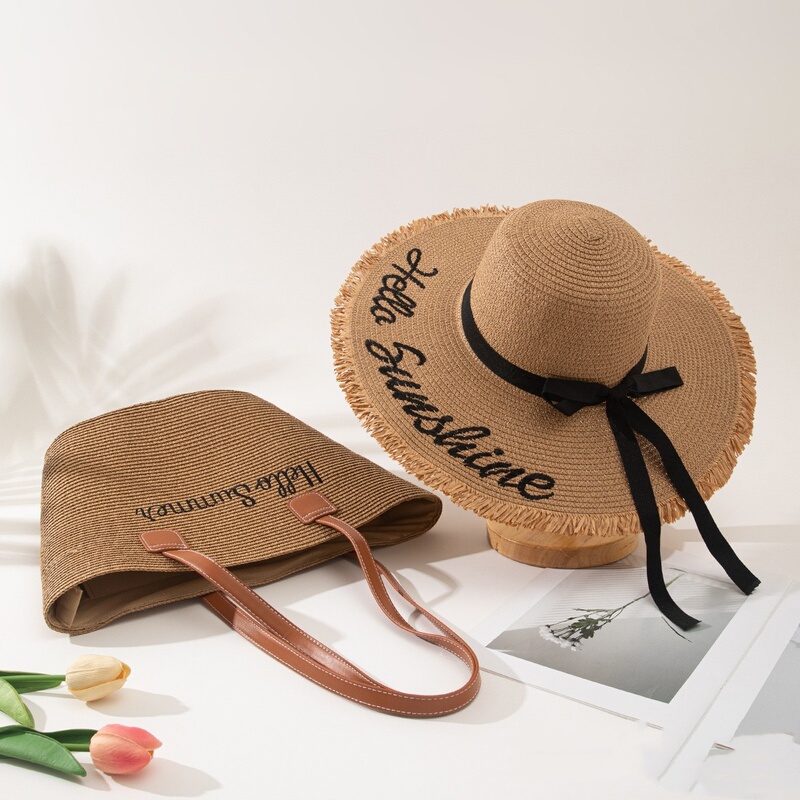 French-Style Large-Brimmed Straw Hat, Seaside Beach Vacation Style Sun Hat, Travel Sunshade and Sun Protection Hat, Tote Bag Set