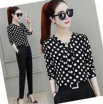 Polka dot shirt womens long-sleeved thin chiffon ruffle mom pink elegant little shirt Hong Kong wind collar-free outside wear sweet