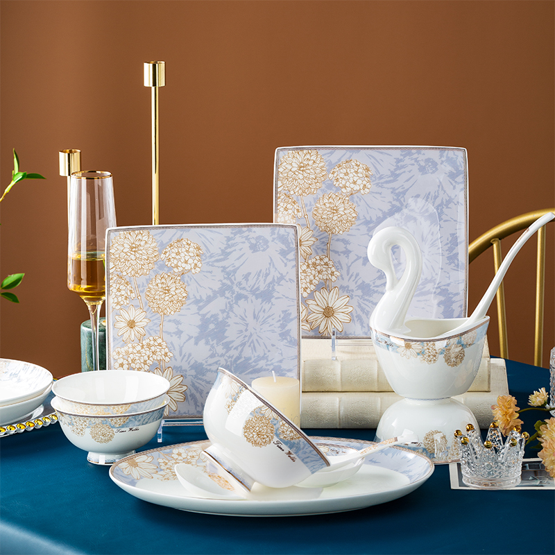 Jingdezhen Nordic style light lavish sketching gold 60 pieces of home Bone Porcelain Tableware Suit Bowls Dish Composition Wedding Gifts-Taobao