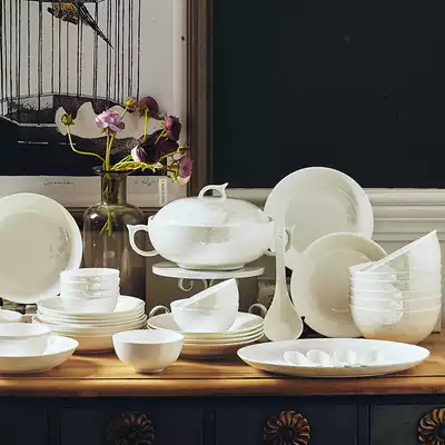Dishes set European-style household Jingyufu bone china tableware set 56 luxury bowls and dishes set bowls and chopsticks dishes