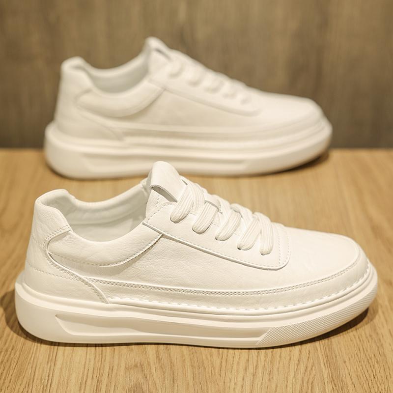 White Shoes for Men, Versatile Small Black Shoes, Autumn and Winter Breathable Leather, Lightweight Thick-Soled Height-Increasing Shoes, Men's White Sneakers