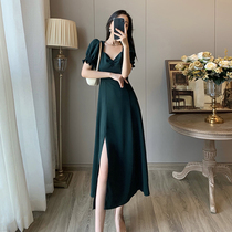 Green dress womens summer 2022 new puff sleeves square collar Hepburn style French retro temperament split long skirt