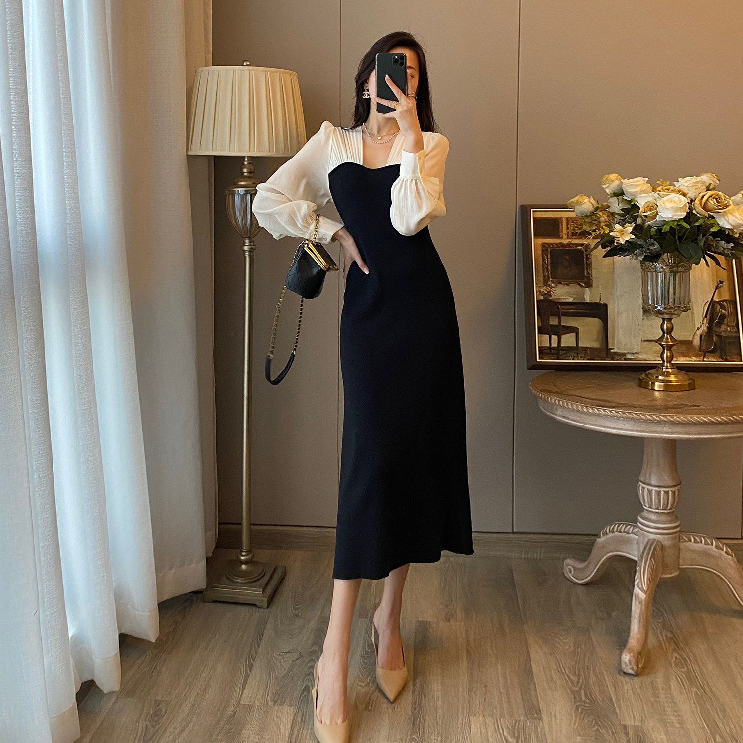 French retro design Sense black square collar dress closing and thin temperament Heben wind long skirt new