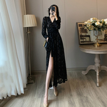 Spring-wear French vintage design black velvet temperament dress waist thin V-neck long split long skirt