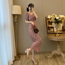 Floral chiffon dress French vintage waist trim slim long skirt puff sleeves orange terrier skirt summer wear