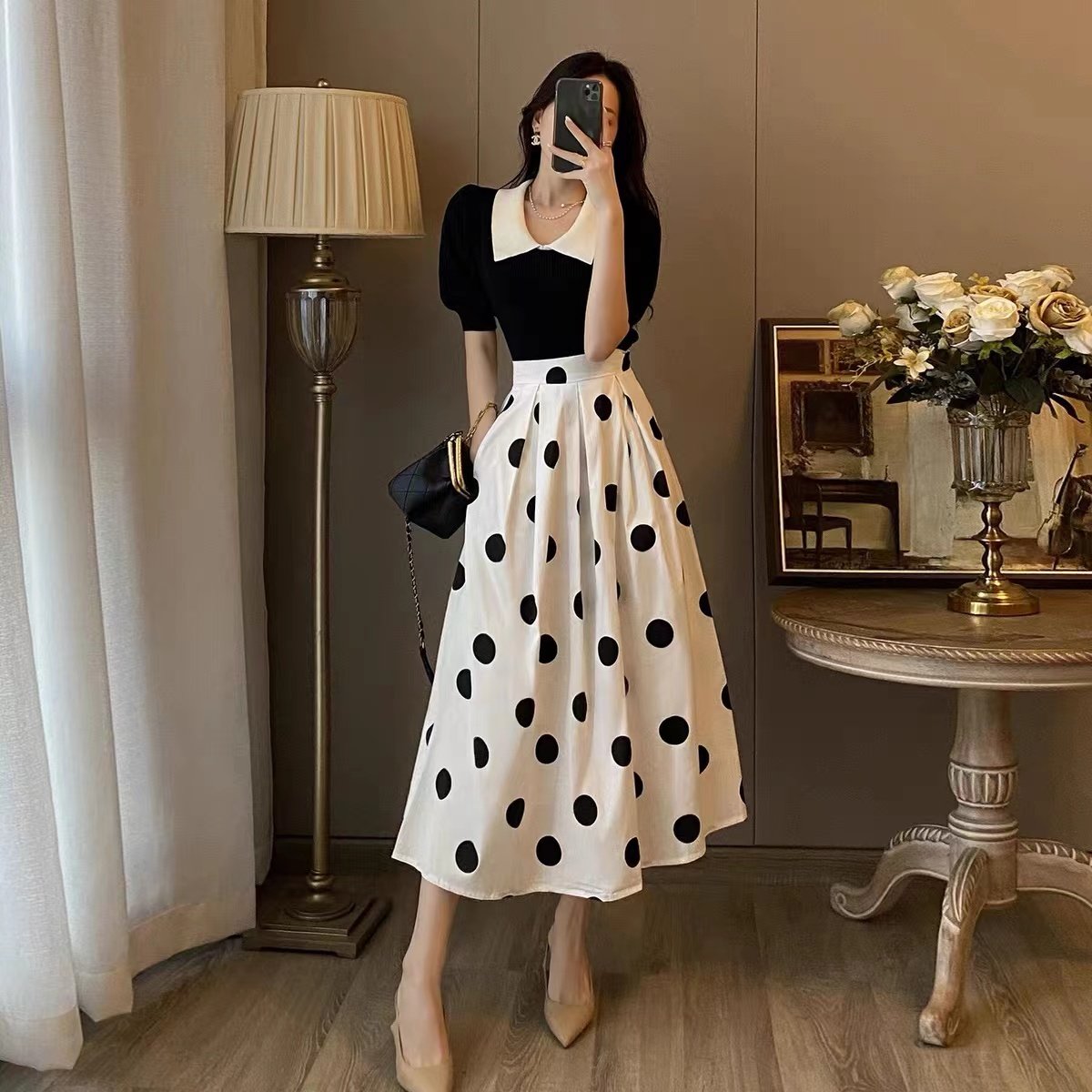 French vintage Hepburn temperament high waist slim polka dot skirt puff sleeve top two-piece set dress