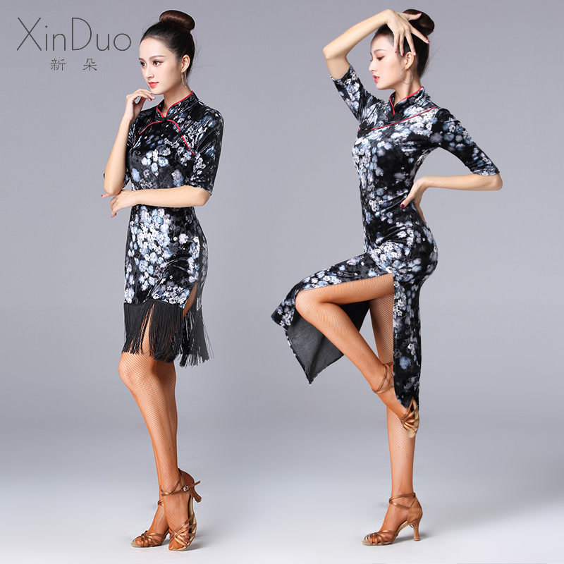 Latin Dance Female Adult Qipao-Style Velvet Dress Autumn New Middle Long Sleeve Printed Open Fork Performance Practice