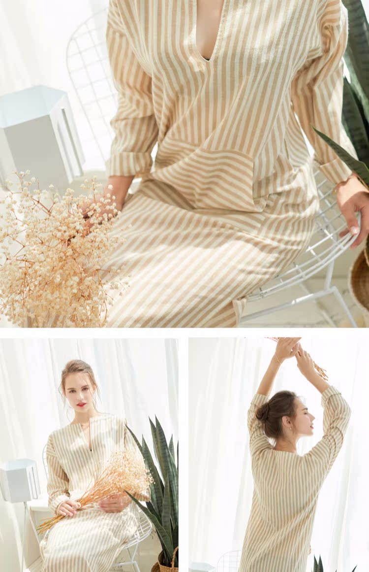Bảy sợi Sen tươi cotton sọc nữ đồ ngủ dài áo choàng tắm áo choàng ngủ dịch vụ nhà quần áo - Night Robe đồ ngủ nam