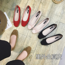 Broken-code clearance special genuine leather square toe bow flat single shoe Korean version flat heel sheepskin fleece womens flat shoes
