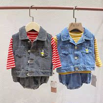 Pill paper momoko2021 Autumn New Baby Korean vest vest cute baby denim three-piece autumn